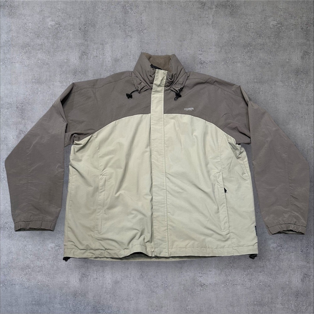 Chaps XL Men's Windbreaker Jacket Taupe Khaki Mesh Lined Packable Hood Nylon